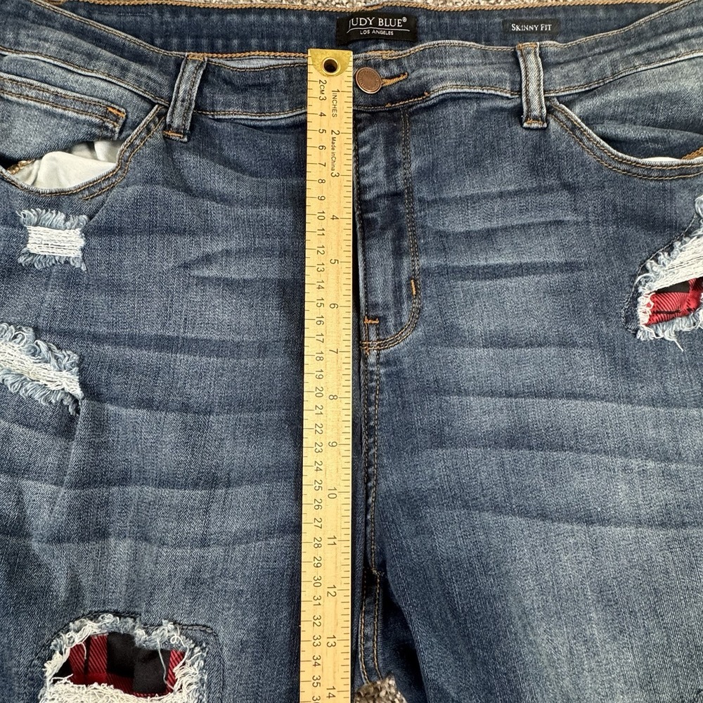 Judy Blue Jeans Sz 3xl 40x27.5 Distressed Skinny Fit Blue Plaid Whisker JB8268DK - Picture 5 of 7